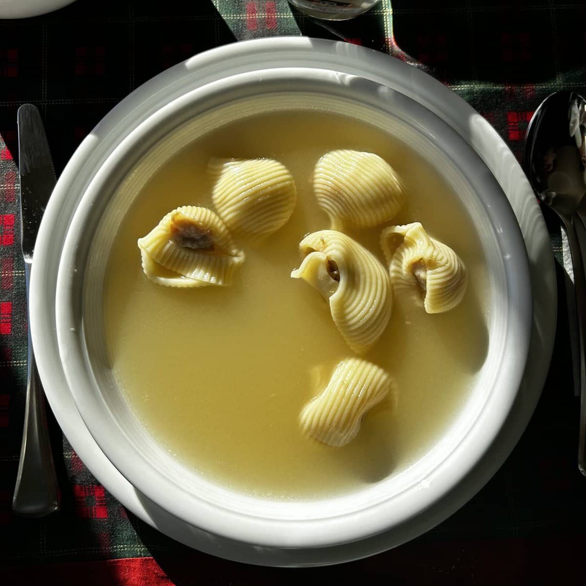 Plat de sopa de galets farcits de Nadal